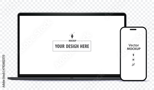 Mobile Phone and Laptop Computer Mockup. Digital devices screen template vector illustration with transparent background.