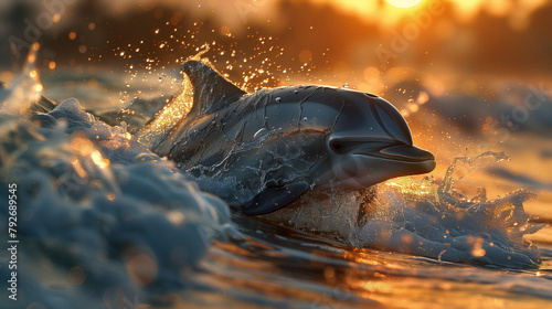 dolphin in sea with sunset time