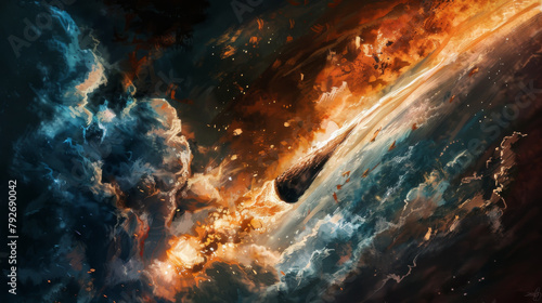 A stylized painting of a meteorite falling towards Earth