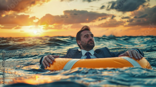 A businessman in a suit and tie is sitting on a raft in the ocean, holding onto a lifebuoy