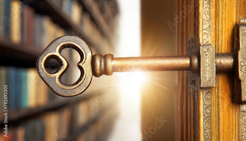 Concept of Key to Knowledge. Extreme close-up of an old key in gothic style in keyhole in a library with old blurry antique books and copy space. Generative Ai.