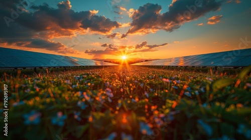 A field of solar panels with flowers in the foreground and a sunset in the background.
