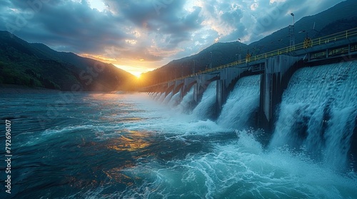 A hydroelectric dam at sunset, with water flowing over the spillway.
