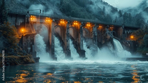 A hydroelectric dam with water flowing over it at night.