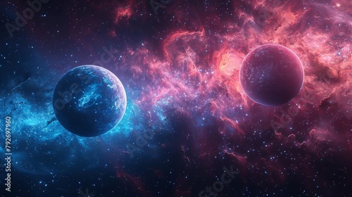 The prompt used to generate the image is: "A beautiful painting of two planets in space. The planets are blue and red and the background is filled with stars and a colorful nebula."