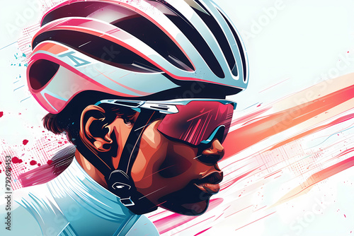 Close up of cyclist head and helmet side profile white background