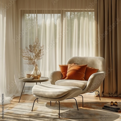 Modern living room with sheer curtains, beige armchair and coffee table near window with orange pillows Minimalist home interior design of modern apartment or house in the style of minimalist artists