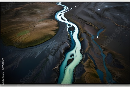 Aerial Photograph of a Glacial River Delta in Iceland with many meandering branches and veins Generative AI