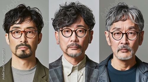 Tre giapponesi di mezza età fotografati in primo piano con occhiali e sguardo serio.