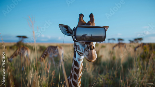 A giraffe standing in a field of tall grass. Copy space.