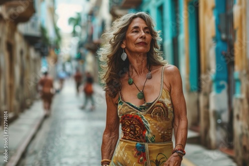 Senior woman strolling along charming cobblestone street in historic Havana, Cuba, amidst colorful buildings and vibrant atmosphere