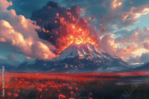 Serene yet threatening, the image shows a volcano illuminating the landscape with its fiery eruption during twilight
