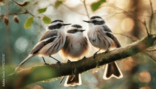 Three Long-tailed Tits Perched on a Branch, long-tailed tits huddled together on a tree branch in the serenity of a forest, bathed in golden light.