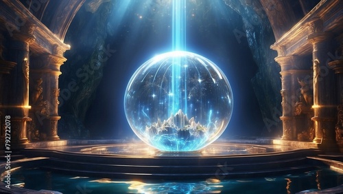 View of the big blue sphere full of light in the hidden place, fantasy scene