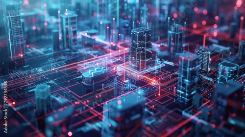 A blurred glimpse of a sophisticated digital city map showcasing a futuristic landscape of interconnected buildings and highspeed transit systems. .