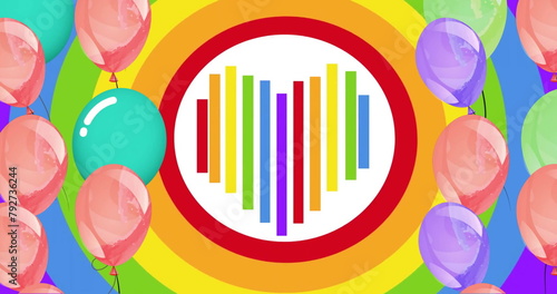 Image of rainbow heart in red and white circle and colourful balloons on rainbow background