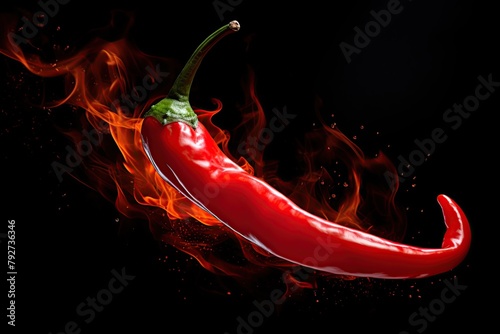 Red hot chilli pepper on fire over the dark background. Ai generative
