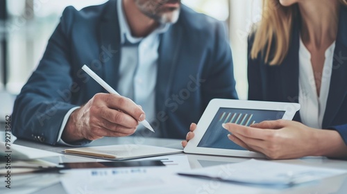 two people sitting at a table with a tablet and a two people sitting at a table with a tablet and a pen