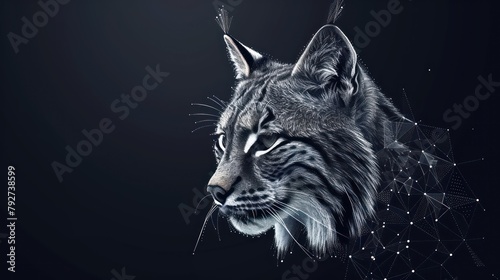 Abstract polygonal lynx made of lines and dots isolated on blue background. AI generated