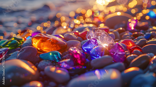 glowing pebbles on the beach covered with glowing from sunshine colorful glass