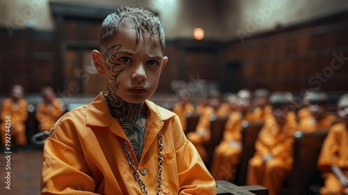 A tattooed child chained in a courtroom wearing orange clothes, audience in the background. Generative AI.