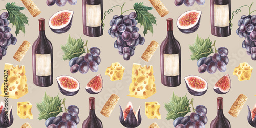 Watercolor bottles and glasses of red wine decorated with cheese, blue grapes, figs, black olives, star anise and cork. Hand painted seamless pattern