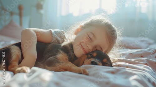 A little girl tenderly hugs her puppy and lies on the bed in a bright bedroom in the morning. Friendship concept between child and pet, copy space for text 