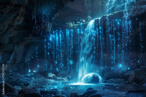 A cascade of bioluminescent waterfalls in an underground cavern.