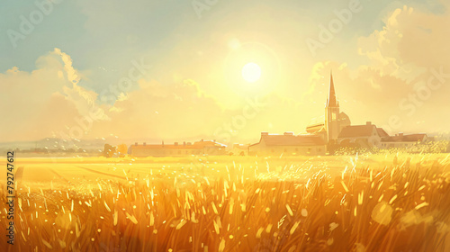 Sun shining over a field of golden grain and buildings