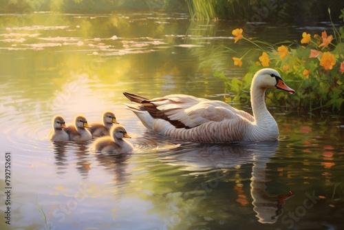 A mother duck and her ducklings are swimming in a pond on a sunny day. The water is reflecting the sunlight and the trees and flowers on the shore are green and lush.