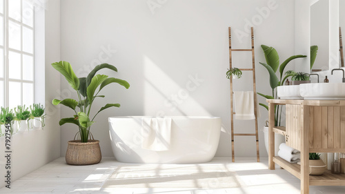 Modern spacious bathroom setting featuring a freestanding tub, big windowa and pots green plants. Modern bathroom interior design of light natural tones