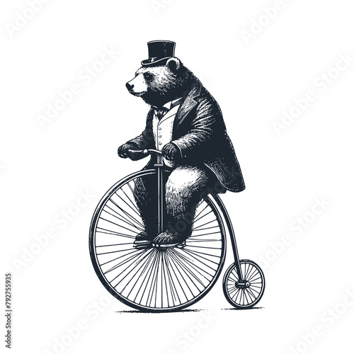 The bear ride penny farthing bike. Black white vector illustration.