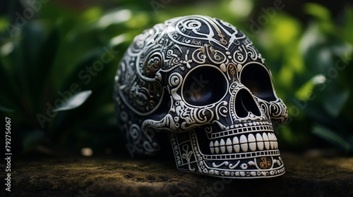 A decorated skull with Aztec designs rests on a forest floor, symbolizing cultural art. Cinco de Mayo mood. Copy space.