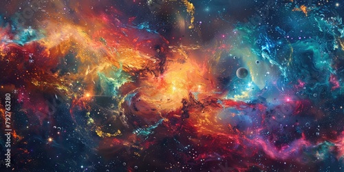 a vibrant pattern featuring a cosmic explosion, with swirling colors, stars, and planets. 16k ultra HD resolution