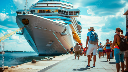 Cruise ship and passengers in port, cruise ship standing at the seaport preparing to board passengers