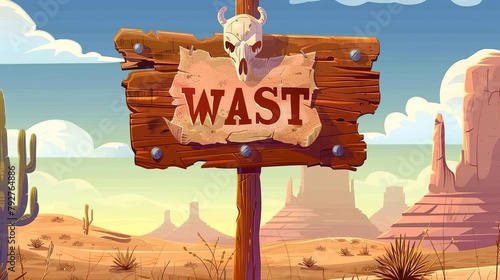 Wild nature scene of Texas storm with a cowboy wanted sign on pole in a western desert landscape. Wooden game warning board with paper cartoon illustration depicting an animal skull.