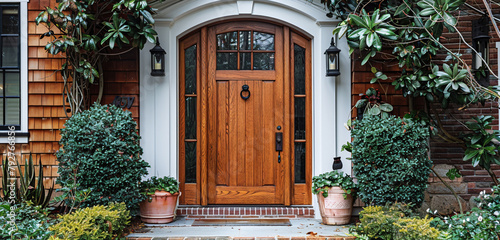 A traditional wooden door with a transom window, adding classic charm to the entrance of a colonial-style home