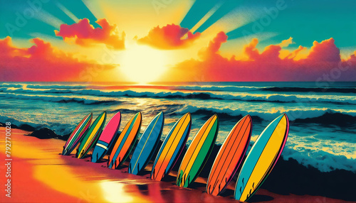 Surf boards on stands on a beach at sunset/sunrise,waves lapping res kies fluffy clouds summer time in a pop art style