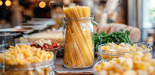 Close-up of a glass jar with long Italian pasta on the table. Raw spaghetti made from durum wheat flour.