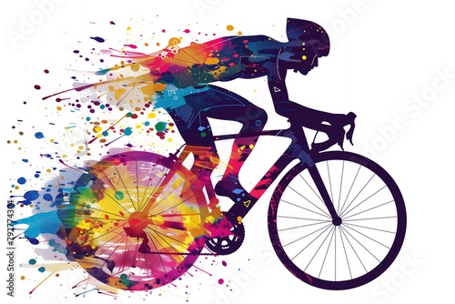 A male cyclists road racer, ebike rider or mountain biker shown in a colourful contemporary athletic abstract design for a poster or flyer, stock illustration image