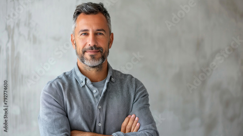 Handsome middle-aged Hispanic man with grey hair and beard standing with crossed arms and looking at camera with serious expression
