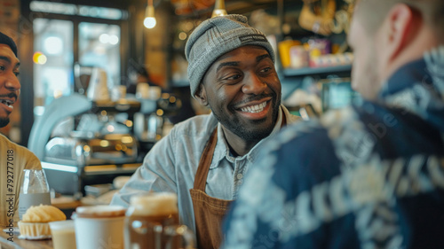 A black man wearing a gray beanie and a blue apron smiles while talking to someone.