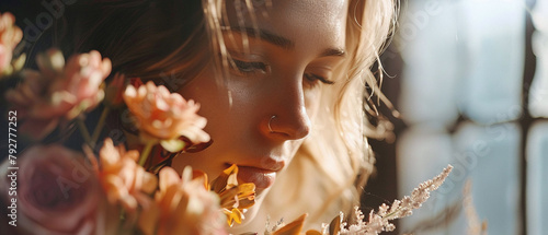 A close-up portrait of a beautiful young woman with blonde hair and a nose ring, looking down at a bouquet of flowers with a soft, dreamy expression on her face.