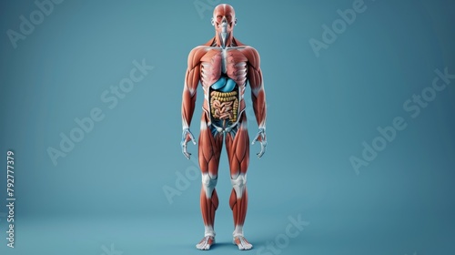 Anatomy of the man's muscular system from the front
