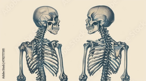 A vintage engraving shows a Human skeleton from the front and the back, named and described with its functions. From the Trousset encyclopedia (1886-1901).