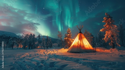 A teepee glows in the night under the aurora borealis.