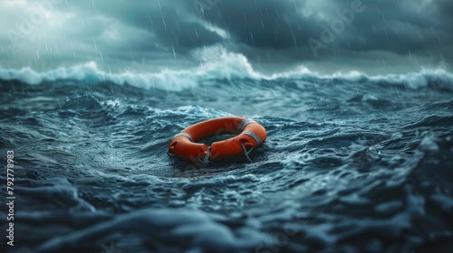 Lifebuoy Adrift in Stormy Sea, An orange lifebuoy floats alone in the midst of a tumultuous, stormy sea, under dark skies, evoking a sense of urgency and the need for rescue.