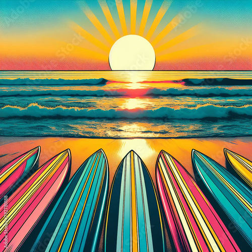 Surf boards on a beach at sunset/sunrise,waves lapping red sky- summer,bright sun, in a pop art style