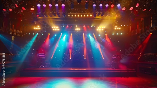 A wide-angle shot of vibrant stage lights illuminating a concert venue