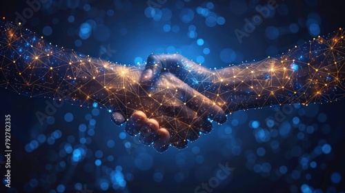 Digital handshake on blue technology background